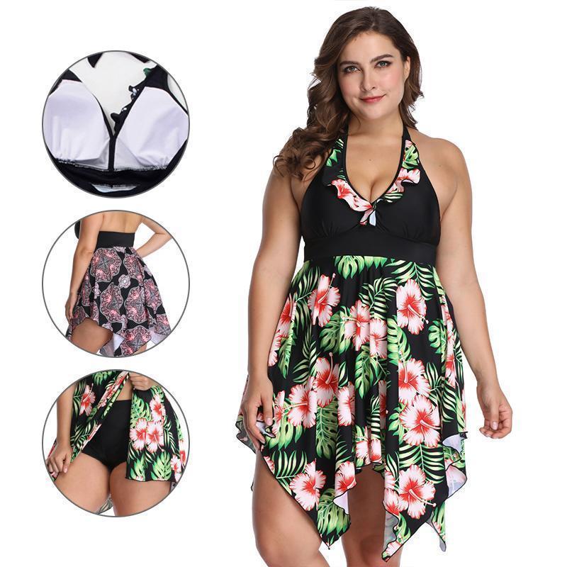 Frauen Plus Size Tankini Set mit Sexy V-Ausschnitt Bademode Kleid