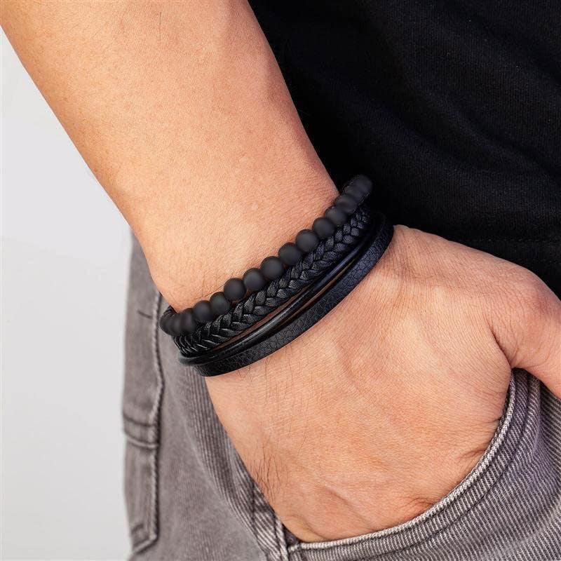 Herren-Lederarmband mit Naturstein-Obsidian-Magnetschnalle