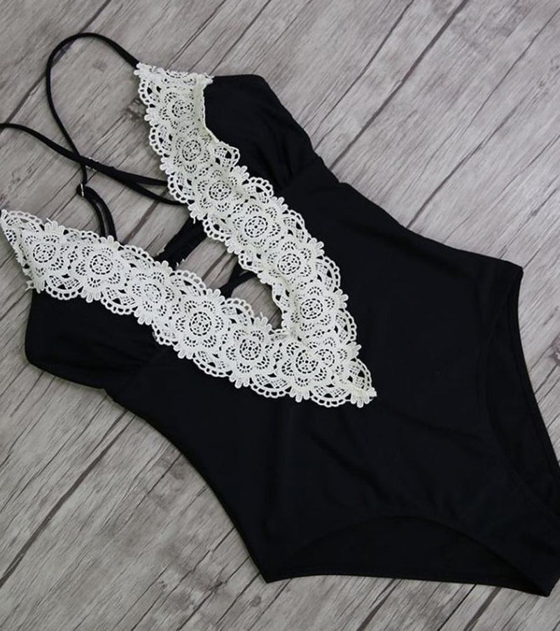 Damen Vintage  Spitzen Einteiliger Badeanzug