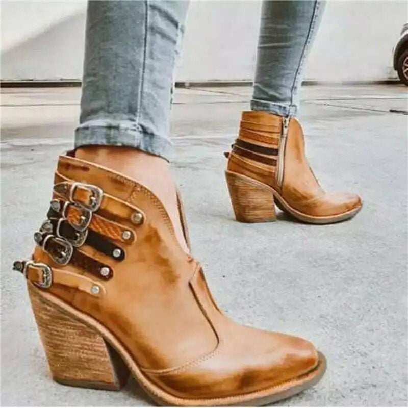 Damen Lederstiefel mit Gürtelschnalle