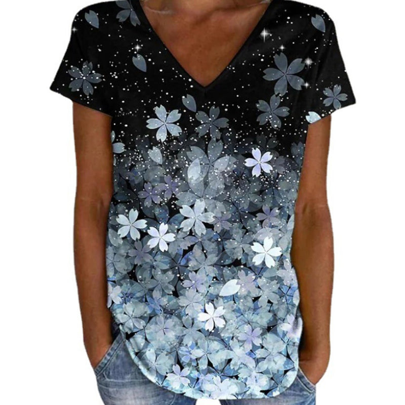 Buntes Blumen-T-Shirt mit V-Ausschnitt