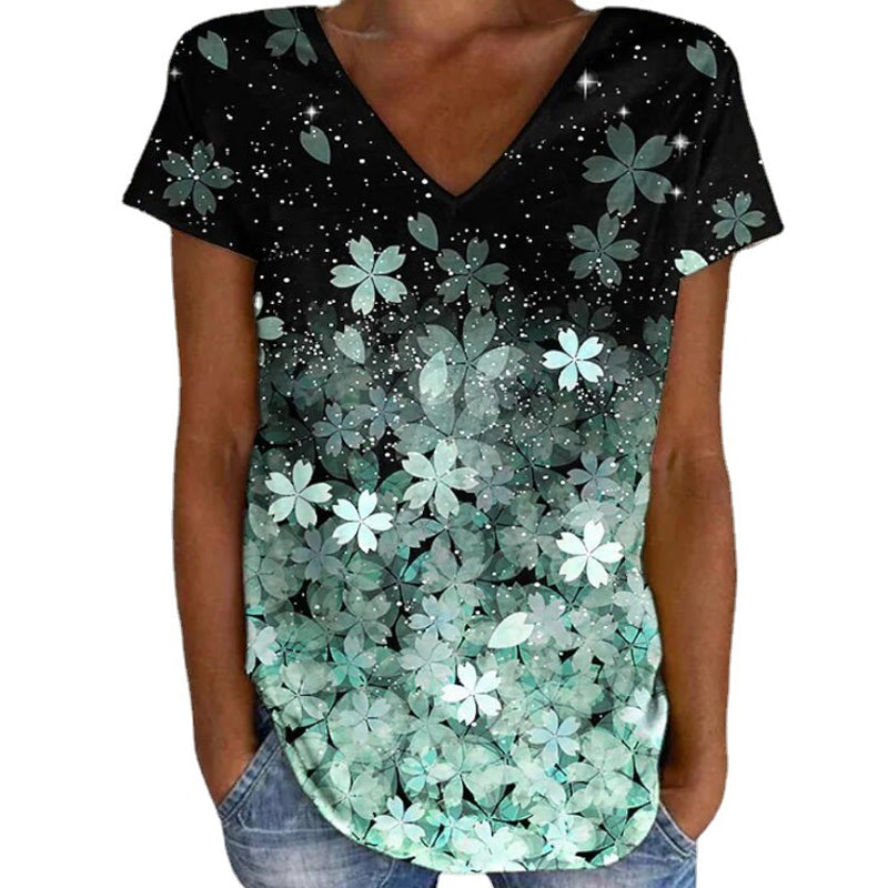 Buntes Blumen-T-Shirt mit V-Ausschnitt