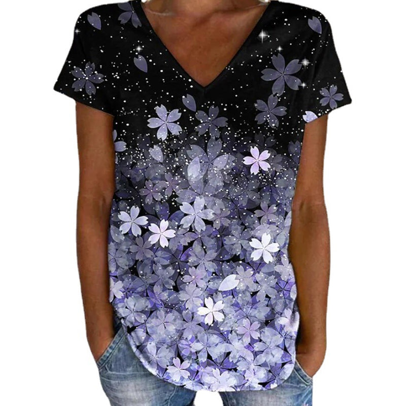 Buntes Blumen-T-Shirt mit V-Ausschnitt