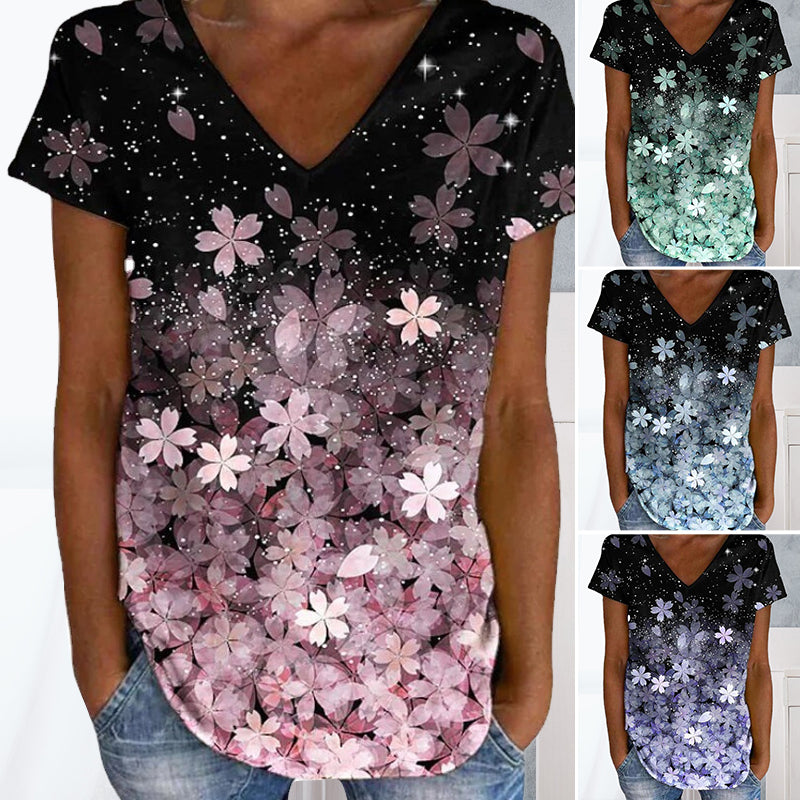 Buntes Blumen-T-Shirt mit V-Ausschnitt