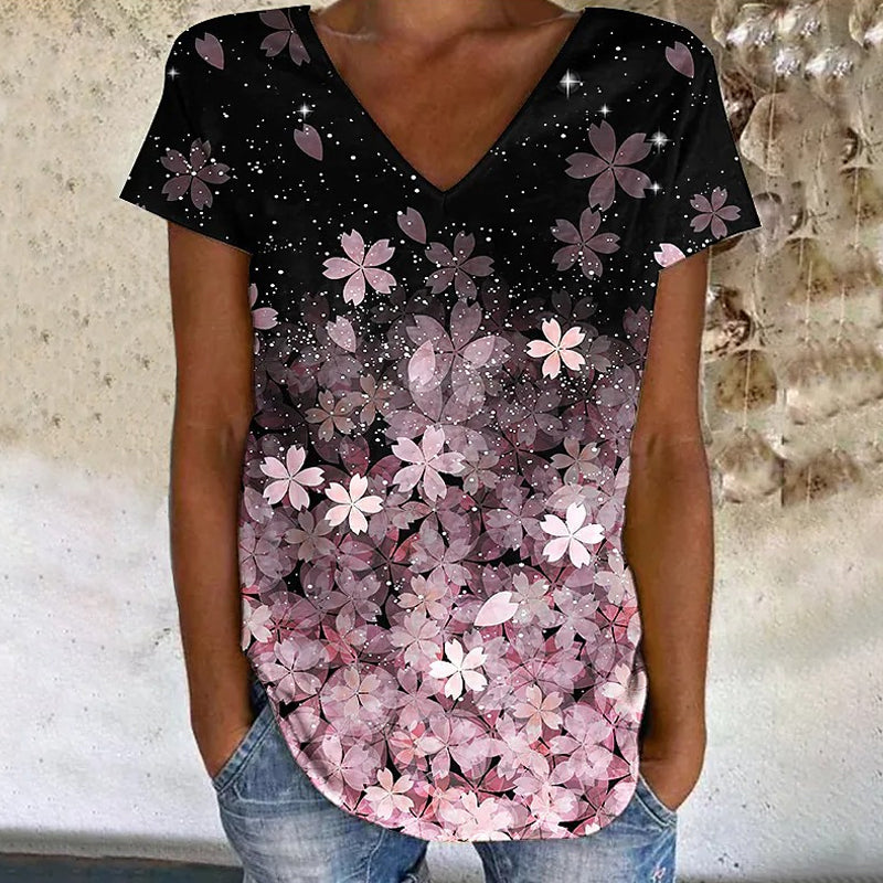 Buntes Blumen-T-Shirt mit V-Ausschnitt