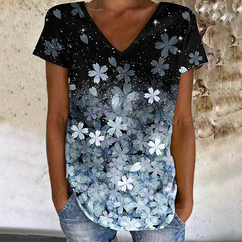 Buntes Blumen-T-Shirt mit V-Ausschnitt