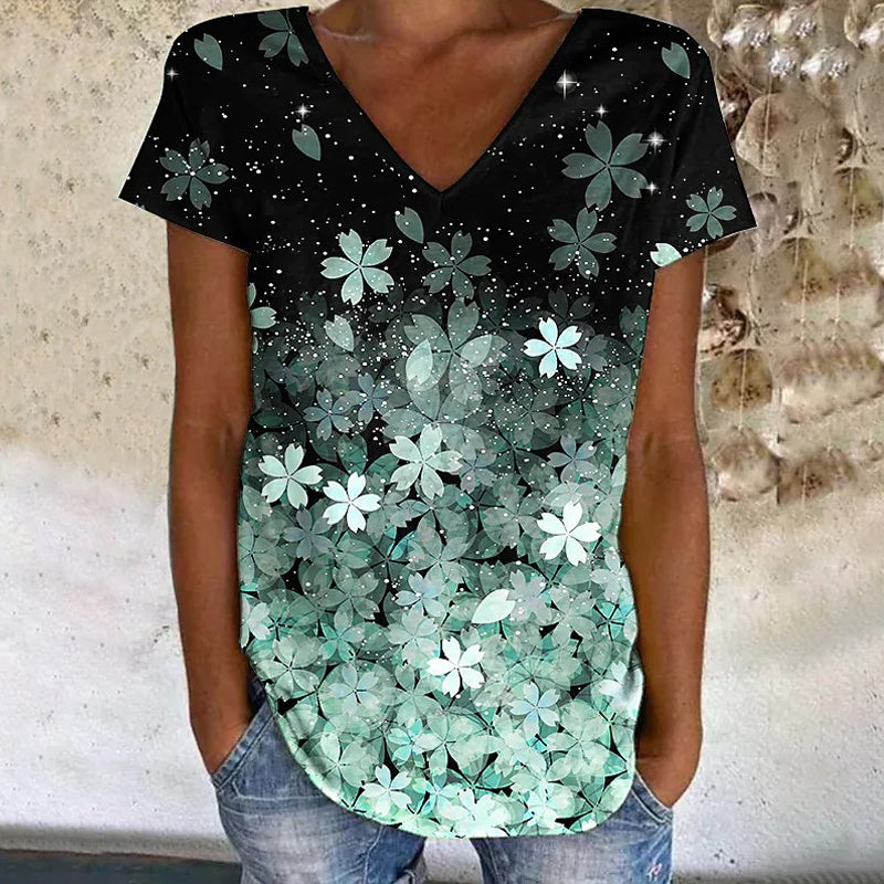 Buntes Blumen-T-Shirt mit V-Ausschnitt