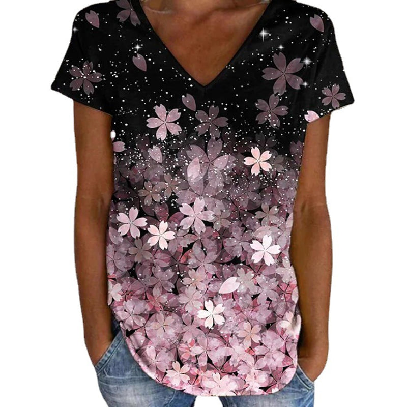 Buntes Blumen-T-Shirt mit V-Ausschnitt