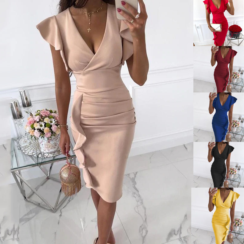 Damen Kleid mit V-Ausschnitt und Rüschensaum