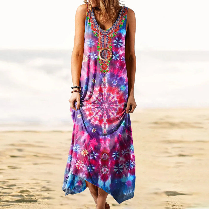 Damen lockeres ärmelloses Kleid mit Batikmuster