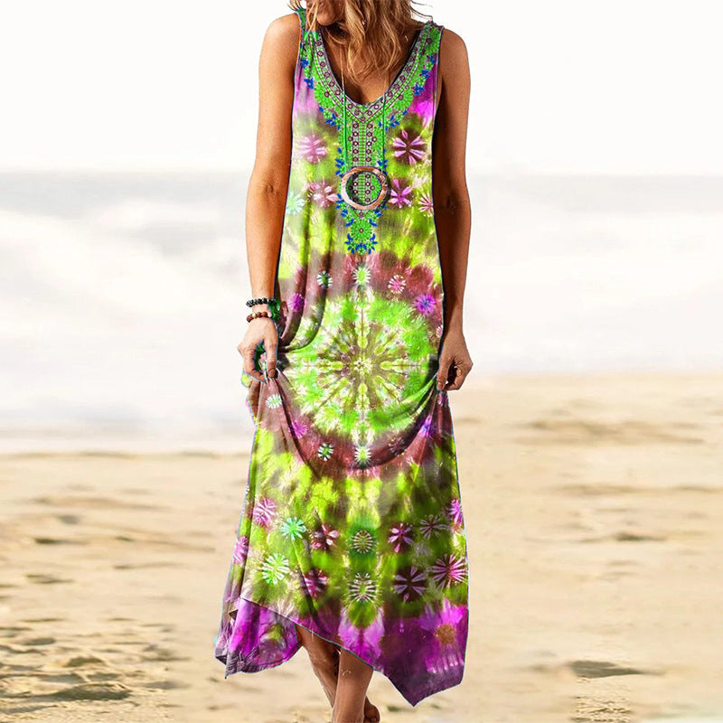 Damen lockeres ärmelloses Kleid mit Batikmuster