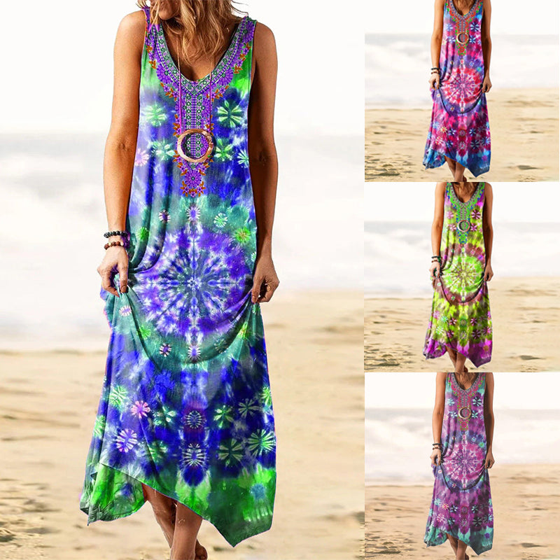 Damen lockeres ärmelloses Kleid mit Batikmuster