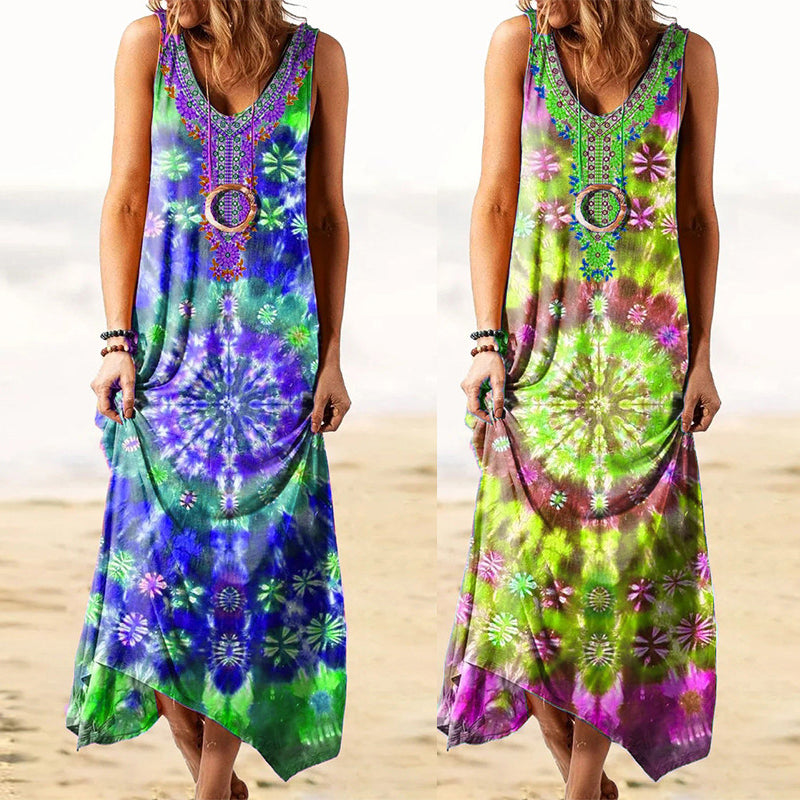 Damen lockeres ärmelloses Kleid mit Batikmuster