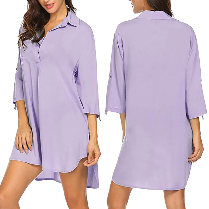 Einfarbiges Elegantes Blusenkleid Mit V-Ausschnitt