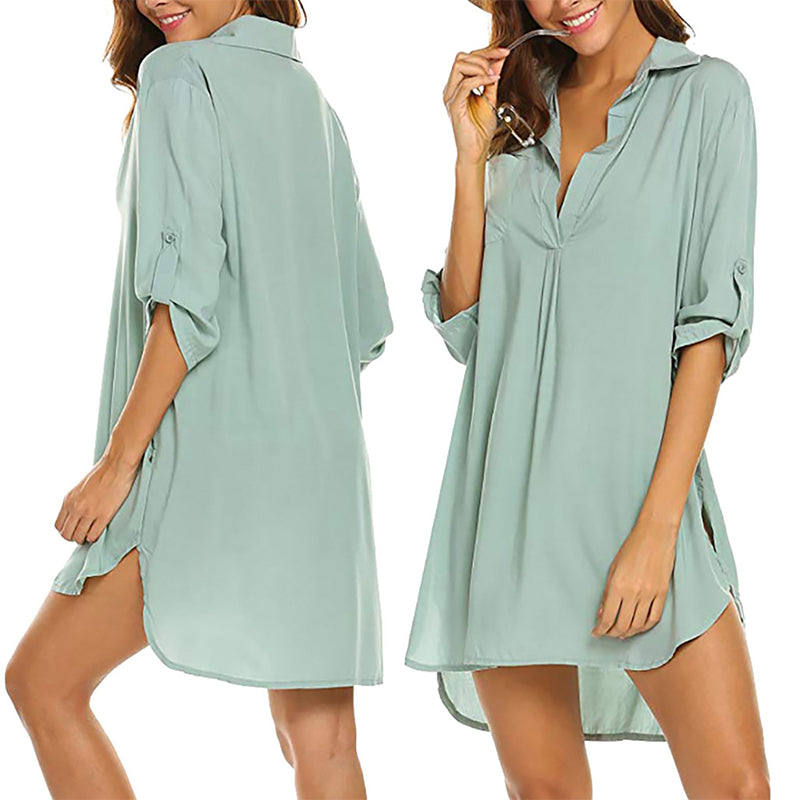 Einfarbiges Elegantes Blusenkleid Mit V-Ausschnitt