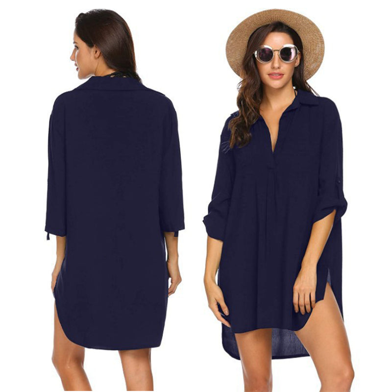 Einfarbiges Elegantes Blusenkleid Mit V-Ausschnitt