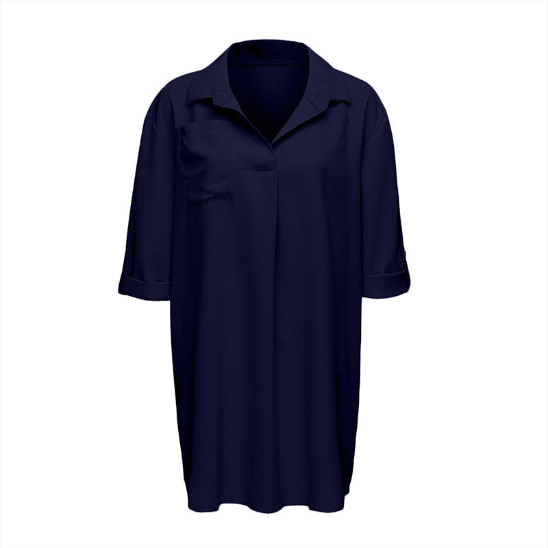 Einfarbiges Elegantes Blusenkleid Mit V-Ausschnitt