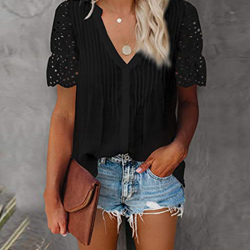Einfarbiges Plissiertes Kurzarm-T-Shirt Für Damen