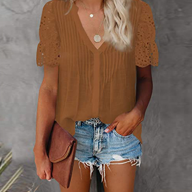 Einfarbiges Plissiertes Kurzarm-T-Shirt Für Damen