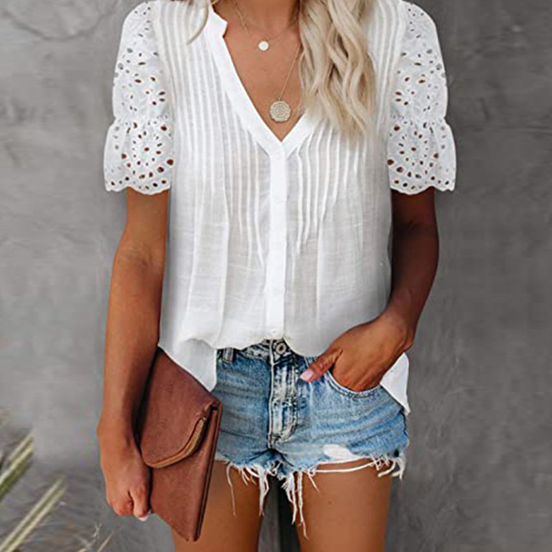 Einfarbiges Plissiertes Kurzarm-T-Shirt Für Damen