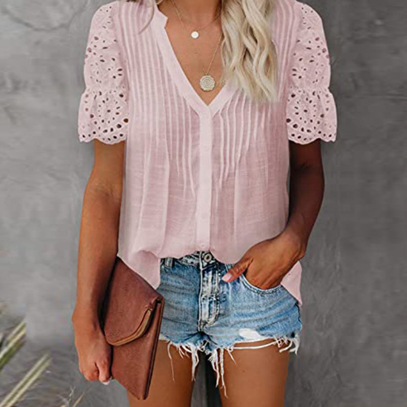 Einfarbiges Plissiertes Kurzarm-T-Shirt Für Damen