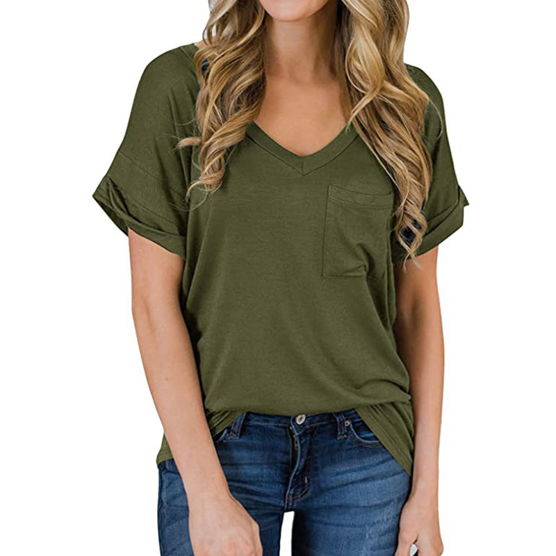 Lässiges Sommer-T-Shirt Mit V-Ausschnitt Und Tasche