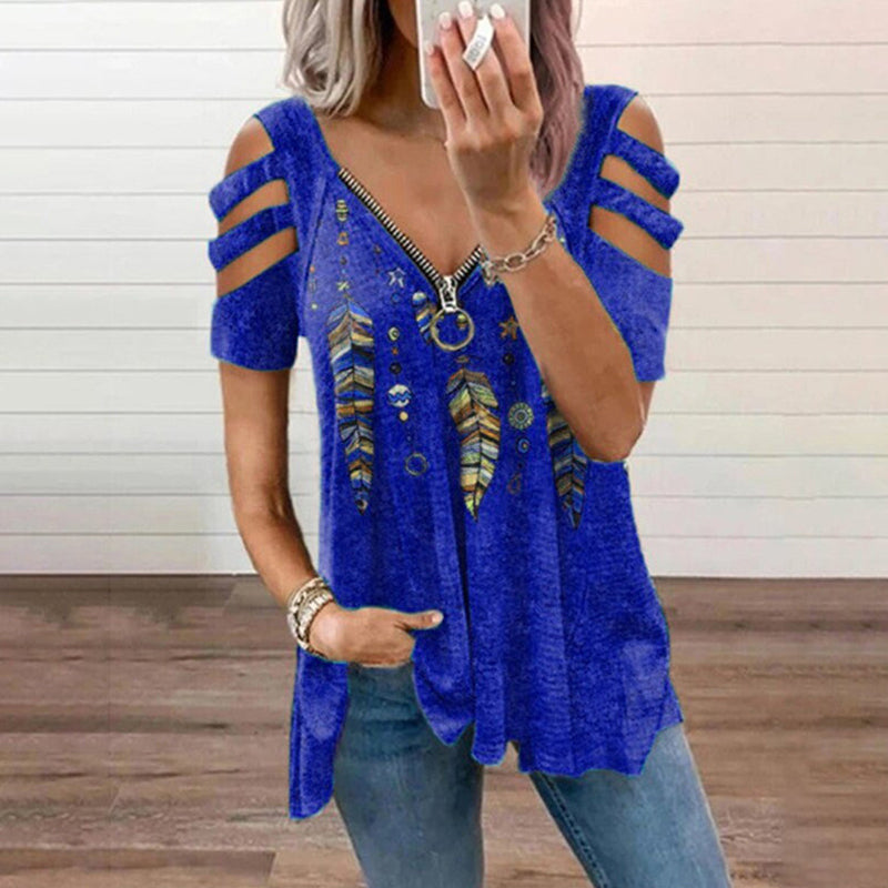 Sommer Damen T-Shirt mit V-Ausschnitt und Reißverschluss