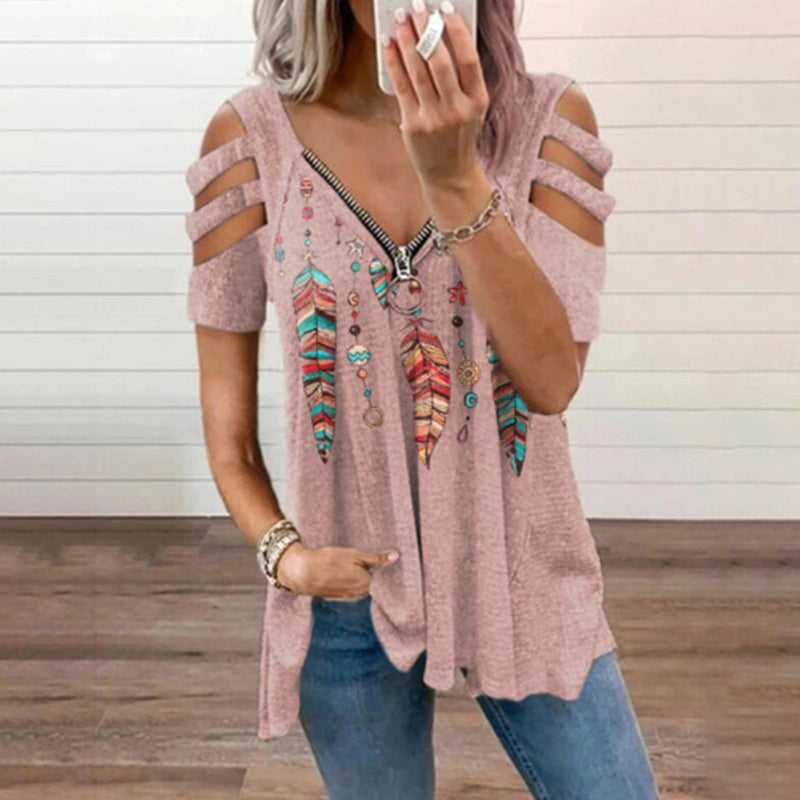 Sommer Damen T-Shirt mit V-Ausschnitt und Reißverschluss