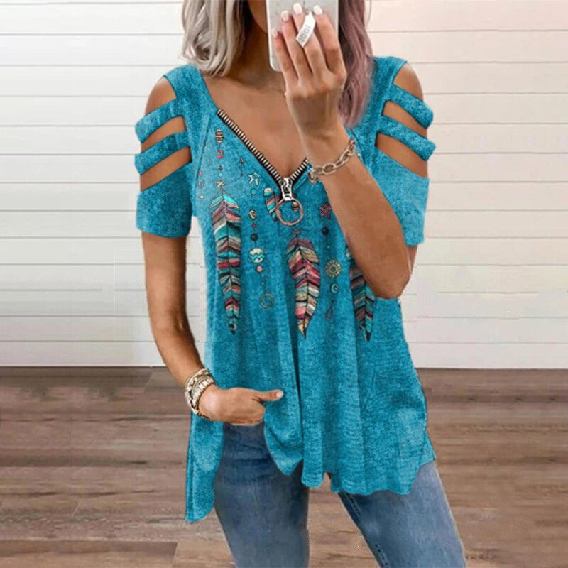 Sommer Damen T-Shirt mit V-Ausschnitt und Reißverschluss