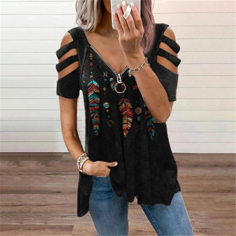 Sommer Damen T-Shirt mit V-Ausschnitt und Reißverschluss