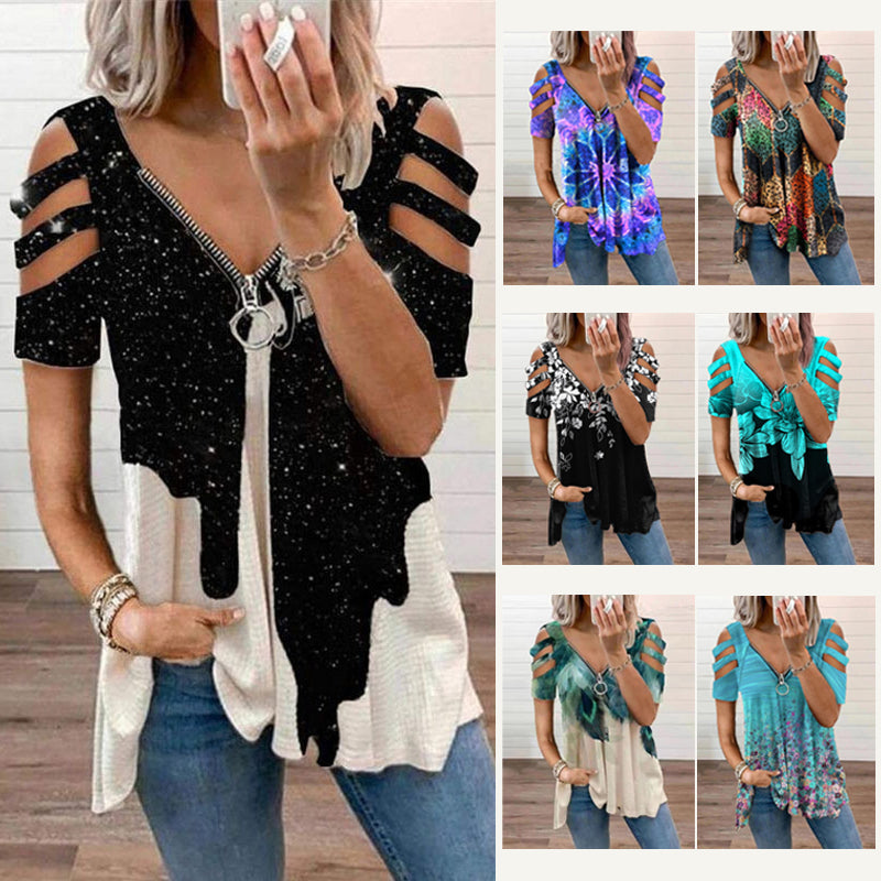 Sommer Damen T-Shirt mit V-Ausschnitt und Reißverschluss