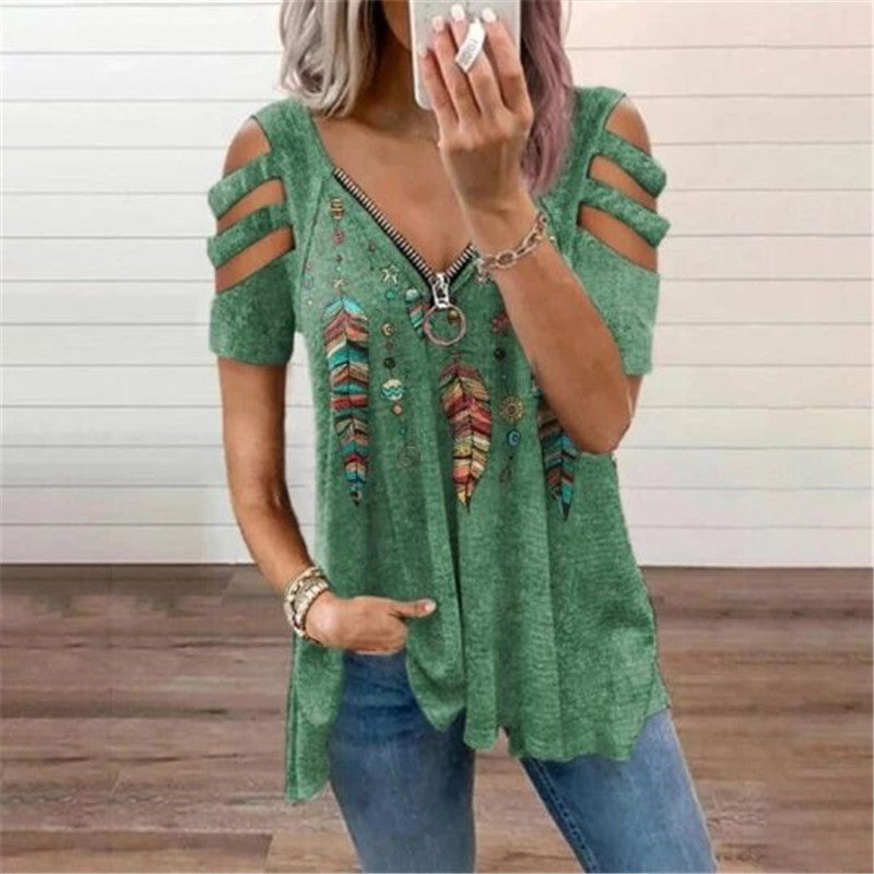 Sommer Damen T-Shirt mit V-Ausschnitt und Reißverschluss