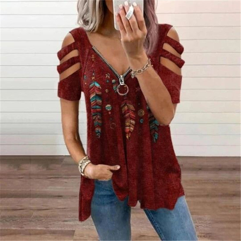 Sommer Damen T-Shirt mit V-Ausschnitt und Reißverschluss