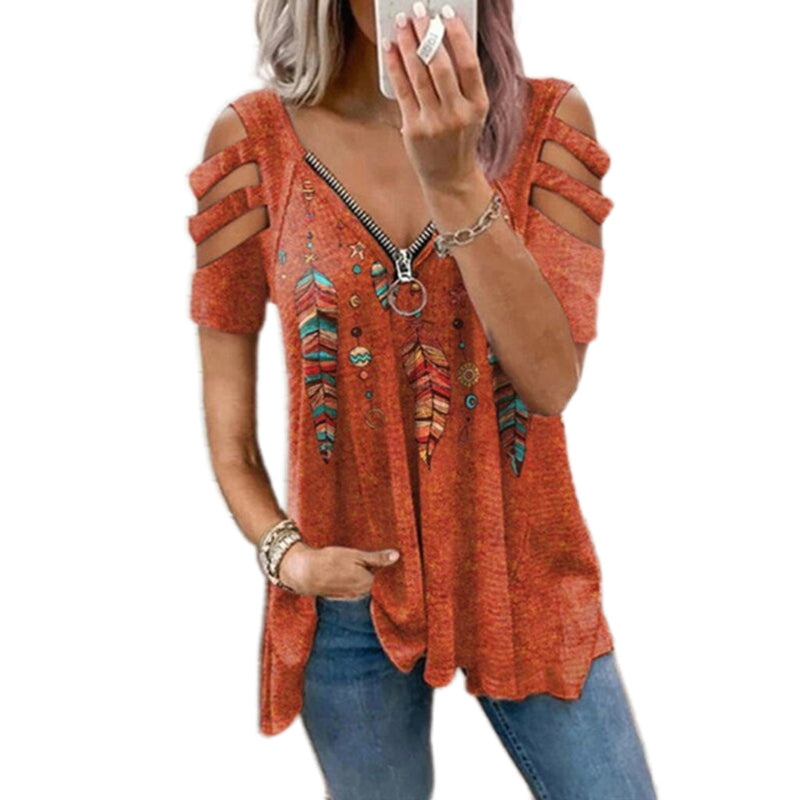 Sommer Damen T-Shirt mit V-Ausschnitt und Reißverschluss