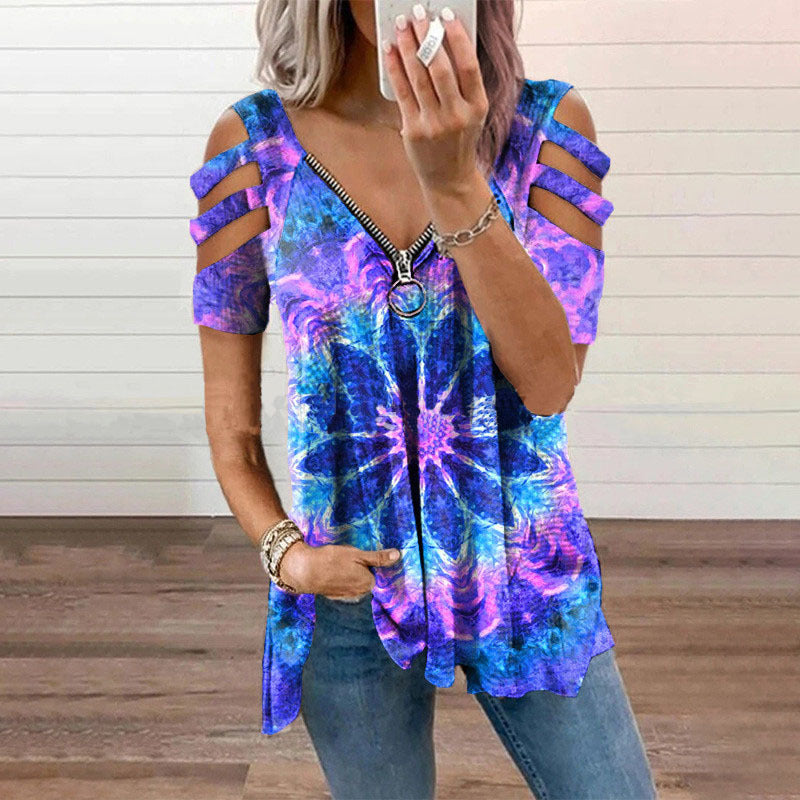 Sommer Damen T-Shirt mit V-Ausschnitt und Reißverschluss