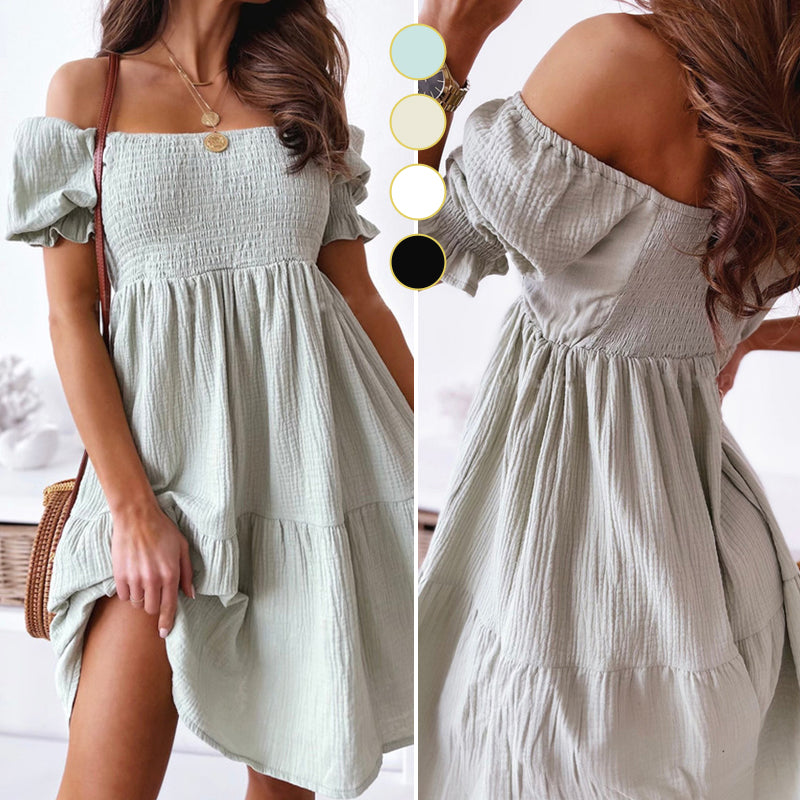 Sommerliches Einfarbiges Fließendes Schulterfreies Strandkleid