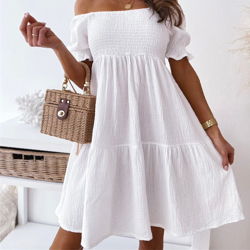 Sommerliches Einfarbiges Fließendes Schulterfreies Strandkleid