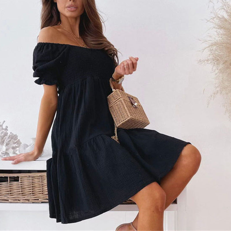 Sommerliches Einfarbiges Fließendes Schulterfreies Strandkleid