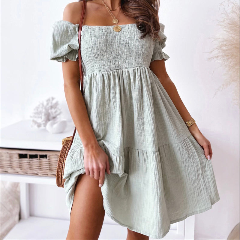 Sommerliches Einfarbiges Fließendes Schulterfreies Strandkleid